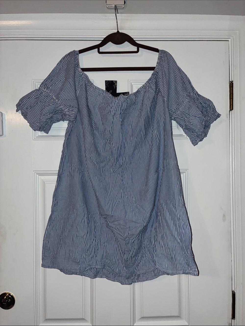 Truth NYC Blue and White Striped Off-Shoulder Tunic